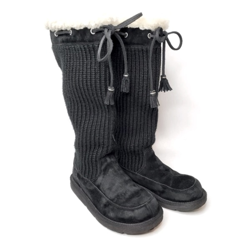 UGG Australia Suburb Tall Sheepskin Boots Black Suede Winter Cozy Warm 6